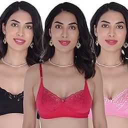Women Cotton Blend Full Coverage Non Padded Non-Wired Apple Net Bra (Pack of 3) (Size:-36,Black,Deep Pink,Pink)-0