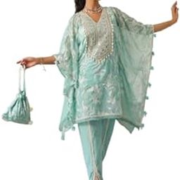 Womens Organza Blue Floral Printed Kurta and Dhoti Sets |V Neck, 3/4 Sleeves-image-55
