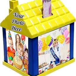 Customized/Personalized Photo Hut Shaped Plastic Money Bank for Kids, Best Gift for Kids Size/Dimension: 4.25 x 4.25 x 6 Inch (Yellow)-0