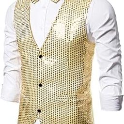 The Style Sutra Mens Sequins Vest Button Down Bow Tie Jacket Fashion Party Costume L Gold|Men|1 Piece Men Vest Coat-image-25