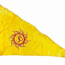 La Jarden LARGE 3x4.5 feet ॐ Aum/Om printed in RED on silky satin Yellow triangle flag (पवित्र ओम ध्वज), for Yoga, Meditation, Om shanti bhawan, dhwaj for temple, religious purpose, Flag for home, Om ka jhanda -1 nos (Large 36x54 inches)-image-64