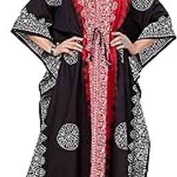 Women's Cotton Hand Dyed Batik Kaftan Nighty With Drawstring Waist | V-Neck Printed Free Size Relaxed Fit Casual Sleepwear Loungewear Nightwear Kaftan Dress for Gifts (Red Blackhaded)-image-58