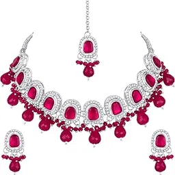 atasi international Silver Plated Kundan Crystals AD Ruby Red Crystals Necklace with Earrings and Maang Tikka for Women - Jewellery Set for Party, Wedding, Engagement (RMR5892)-picture-49