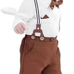 Boys Kids Formal Dungaree Outfit Set – 5-Piece Party Dress with Khaki Trousers, White Shirt, Suspenders, Bow Tie & Cap | Baby Boy-image-4