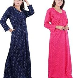 GownNglow Women's Soft Cotton Blend Maxi Round Neck Front Full Length Nightwear Combo || Night Gown Nighty Sleepwear for Ladies (Pink & Blue)-image-46