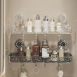 LINEAR Wall Mounted Storage Rack with Hooks | Acrylic Bath Shelf Organiser | Self Adhesive Bathroom Shelf | Crystal Pattern Design, Shelf for Bathroom Accessories (1, Rectangular)-image-1