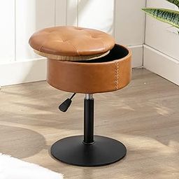 Adjustable Vanity Stool, Round Leather Storage Vanity Chair for Makeup Room,LUE BONA Tufted Swivel Makeup Chair Makeup Stool Ottoman for Bathroom ,Living Room( Whiskey Brown)-image-68