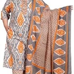 Plus Size Orange Floral Print Pure Cotton Straight Kurta, Dupatta & Pant Set-image-0
