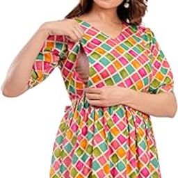Women's Pure Cotton Printed Both Side Invisible Vertical Zipper Feeding Kurti | All Over Print Maternity Gown Kurta-image-45
