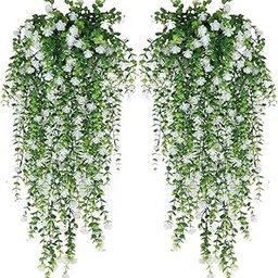 VRB Dec Artificial Greenery Hanging Plants Vines Fake Ivy Hanging Flowers Vine Pine Wall Hanging for Home Decor Door Wall Balcony Decoration Party Festival Craft (1, White Euclyptus Fern)-image-38