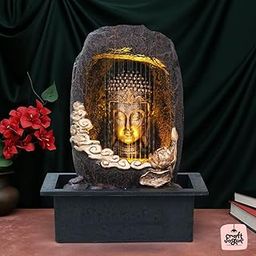 CRAFTVOGUE Polyresin Tabletop Gold Brown Meditating Buddha Sitting in Cave Style Indoor Front Curtain Waterfall Fountain for Home Decor with LED Light, Speed Controller Pump (Size: 40 x 22 x 29.5CM)-image-18