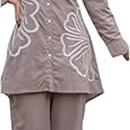 Women's Pure Cotton Long Sleeves Collar Neck Flower Design Shirt with Matching Pant Co-ord Set-40