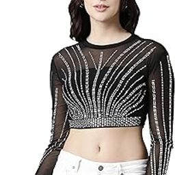 Women Knitted Long Sleeves Net Sheer Mesh Transparent Embellised Diamond-Studded Crop Top T-Shirt Dn658-10
