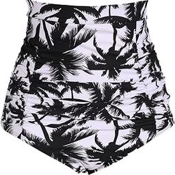 Women's Ruched High Waisted Bikini Bottom Retro Vintage Swim Short Tankinis (FBA) Black Coconuts M/6-8-image-25