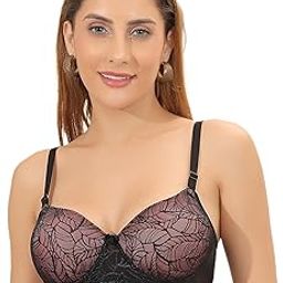 Lightly Padded T-Shirt Full Coverage Detachable Multiway Straps Soft Net Lace Cotton Fabric Bras Non-Wired Lacy Sexy Erotic Wine Black Innerwear Woman & Teenager-image-71