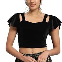 Readymade Party Blouse for Women | Shiny Velvet Flared Sleeves Stylish Outfit-image-47