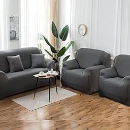 Gifts Island® Sofa Cover 3 Seater and 2 Seater Fully Covered Universal 5 Seater Sofa Cover Non-Slip Sticky Elastic Stretchable Sofa Set Slipcover Protector for (3+1+1 Seater), Steel Grey Plain-image-19