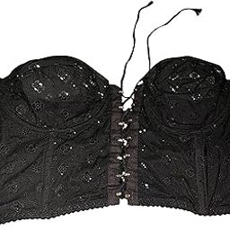 Women's Black Floral Eyelet Corset Top, Hook and Eye Closure-image-129
