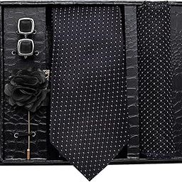 Formal/Casual Printed Polyester Necktie Set With Pocket Square, Brooch Pin And Cufflinks For Men (Black), Free Size-16