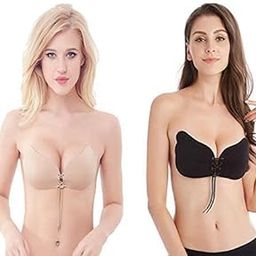 Invisible Strapless Backless Adhesive Bra Silicone Gel Stick-On Sticky Bra for Women S Invisible Push Up Design Bra Black & Beige(Skin) Colour. B Size-9