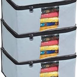 Prettykrafts Set of 3 Non Woven Foldable Saree Cover/Cloth Storage Bag/Wardrobe Organizer with Zip & Transparent Window For Lehenga, Shirts, Salwar Suits, Dress & Accessories (Grey, 40 x 35 x 19.5cm)-image-24