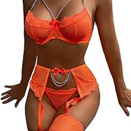 Garter Lingerie Set for Women Sexy Fishnet Lingerie Lace Wirefree 4 Piece Sets Chain Bra Nightgown Lingerie Female Wedding Nightgown for Honeymoon and Anniversary Babydoll with Panty-picture-52