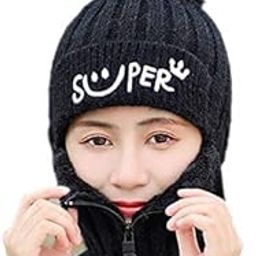 CRAMPLE®Monkey Cap for Women Winter Woolen Beanie Zipper Hat | Knitted Soft Plush Angora Wool Inside Fur Thick Windproof Face Cover Zip Hood Neck Warmer Skull Cap for Women & Girl's-image-67