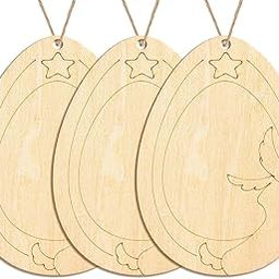 Curious Button Set of 3 pcs Wooden Easter Egg with Rabbit Ornaments, Paint Your Own DIY Easter Craft Kit. Wood Discs Ornament for Crafts Hanging Decorations.-image-83