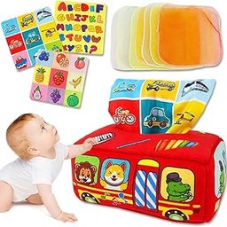 PATPAT® Soft Tissue Box Toy for Baby 6 to 18 Months Animal Bus Cloth Tissue Box Montessori Toy Crinkle Sensory Toy Activity Toy with 8Pcs Sheer Tissues & 3Pcs Double Sided Crinkle Fabric Tissues-17