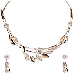 Elegant Rose Gold Plated Necklace & Earring Set with Sparkling CZ Stones – Stylish Leaf Design-image-94