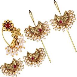 Vivastri Earring, Cuff Earring & Nose Ring Combo Gold Plated Alloy [VIVA2571-2620ERG-1173-NTH-PRESS-RED]-2