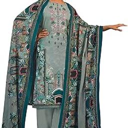 Women's Unstitched Pakistani Print Thread Embroidered Pure Cotton Salwar Suit Dress Materials with Cotton Printed Dupatta-image-9
