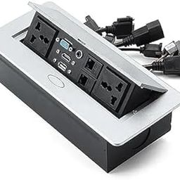 WiredCom® Table Pop up Strip Box Conference Table Power Hub Outlet Multimedia Connectivity Box Heavy Duty Metal Table Top Box with Outlet Network for Conference Room (Silver)-12