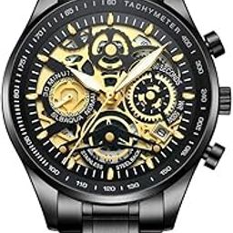 Hollow Skeleton Black Dial and Band Stainless Steel Multifunction Chronograph Calendar Men's Watch-picture-54