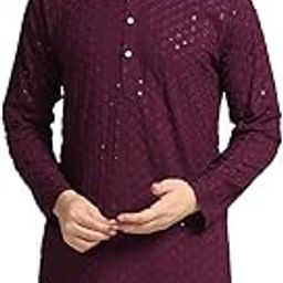 Cotton Mens Tunic Shirt Ethnic Full Chikankari Sequin Embroidery Mirror Work Straight Kurta for Men-picture-12