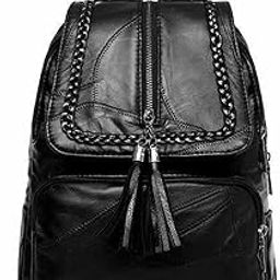 Backpack. Women's PU Leather Backpack， School Bag Classic Black Waterproof Travel Multi-function Shoulder Bag，Tassel Zipper-image-10