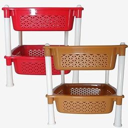 Simply Home Sorto Multipurpose Plastic Storage Rack | 2 Shelf Stackable Organizer Basket Rack for Fruits,Vegetables, Stationery, Toys | Kitchen, Home & Office Use |Pack of 2 | RED Camel-image-58
