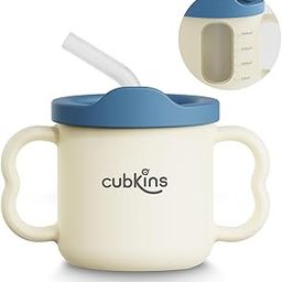 CUBKINS Silicone Sippy Cup with Soft and Durable Straw Training Cup for Babies | Transparent Measuring Level Cup with Lid for Toddler and Kids (White-Blue Olive)-6