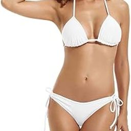 First Attire Women's Lycra Tie Side Bottom Triangle Sexy Bikini Set White-picture-37