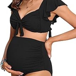Maternity Swimsuit Two Piece Ruffle Sleeve Ribbed Ruched Bikini Knot High Waist Maternity Swimwear, black, S-image-71