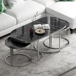 Damp-Resistant Home Center Table, Nordic Oval Low Table with 2 Small Tables Thick Wooden Top for Apartment Living Room Sofa and Coffee Table (Full Black)-image-84