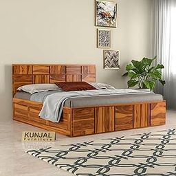 Kunjal Furniture Solid Sheesham Wood King Size Bed with Box Storage | Natural Finish | Modern Wooden Bed for Bedroom | Designer Panel Headboard |-image-24
