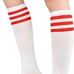 Womens Athletic Knee High Socks Outdoor Sport Thigh High Stockings Casual Stripes Tube Socks, 1 Pack White Red, One Size-picture-18