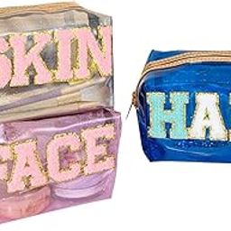 House of Quirk Set of 3 Transparent Makeup Bag Waterproof Cosmetic Bags Transparent Makeup Letter Bag Portable Cosmetic Bag for Women Summer Beach Travel (Blue+Pink+White)-image-1