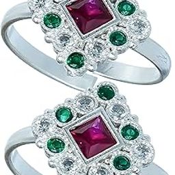 Oxidised Silver Plated Green Multicolour Stone Square Toe Ring-image-2