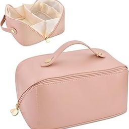 Dgklesh Enterprise Large Capacity Cosmetic Travel Bag for Women, Portable Light Pu Leather Makeup Pouch, Wide Opening Cosmetic/Makeup Organizer, Cosmetic Zipper Pouch, Make Up Bag (Pink)-image-48