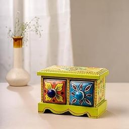 Bharat Handicrafted Wooden Mini Chest of Drawers, 2 Ceramic Drawers, Yellow with Floral Design, Decorative Storage Box-image-88