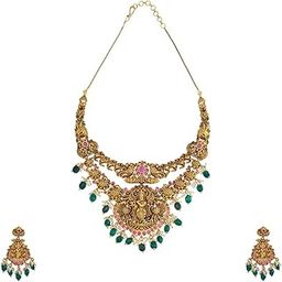 Fashion Jewellery Ruby-Green Gold Polished Antique Necklace Set With Adjustable Chain & Push Back Hanging Earrings | Best For Gifting & Special Occasion | Jewellery Set For Women - 433514-image-75