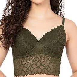 Women's Lace Solid Lightly Padded Full Cup Wire Free Bralette Bra - Green-28
