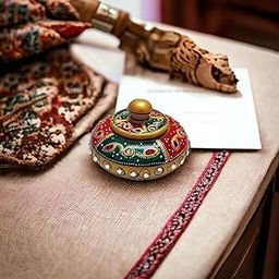 SAUDEEP INDIA 3 Inch Marble Kumkum Box | Decorative Box Sindoor Dibbi | All Purpose Box | Marble Sindoor Dani with Meenakari Work (Red-Green)-picture-20